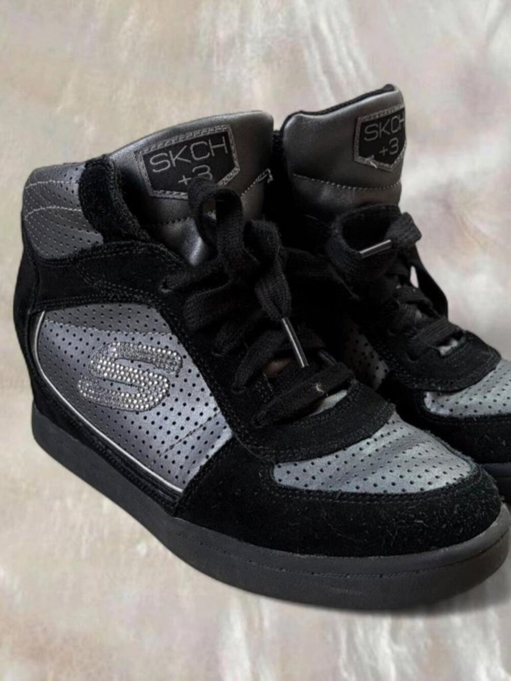 Skechers Black Faux Suede/Leather Wedge Sneakers w/ Rhinestone Logo